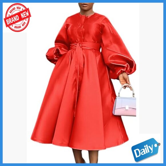 Long Sleeve Satin A-Line Cocktail Dress with Belt, Formal Babydoll - Picture 2 of 6